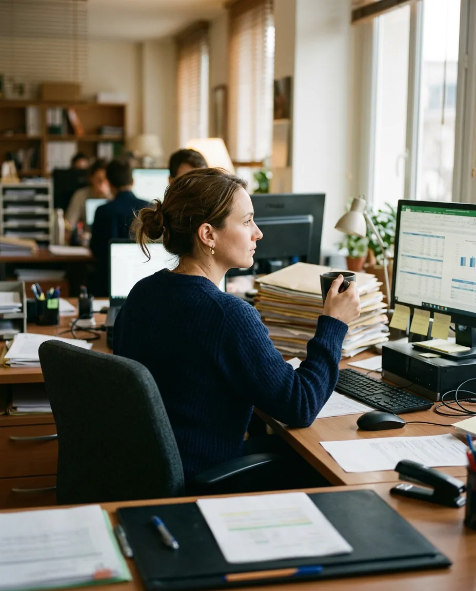 Une collaboratrice à son poste, au milieu de ses dossiers